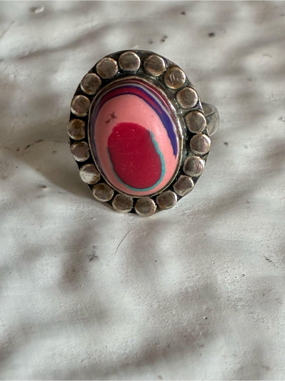 Unique Sterling Silver Ring with Pink and Magenta Marbled Stone